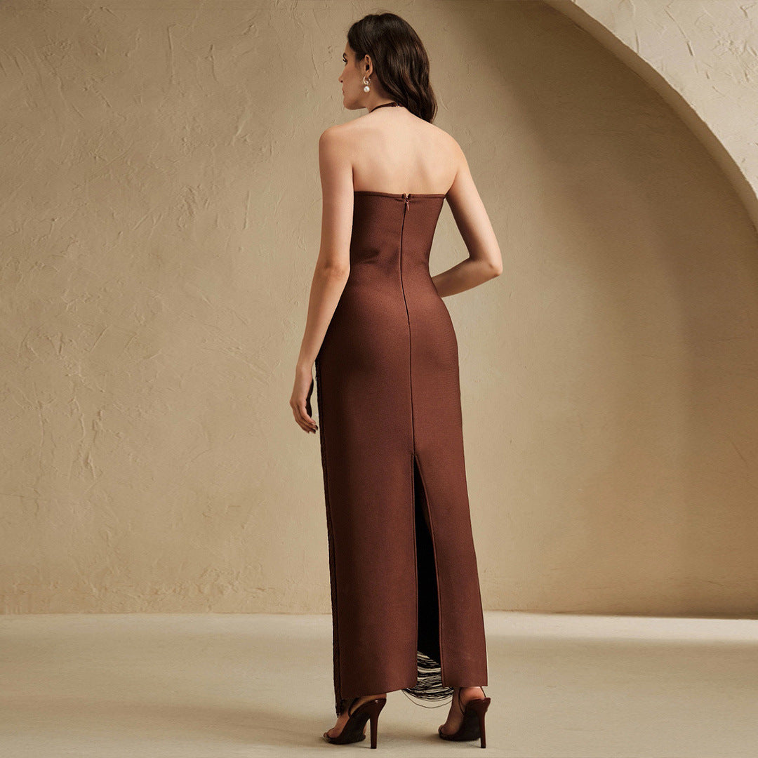 Robe longue Seraphina drapée à franges