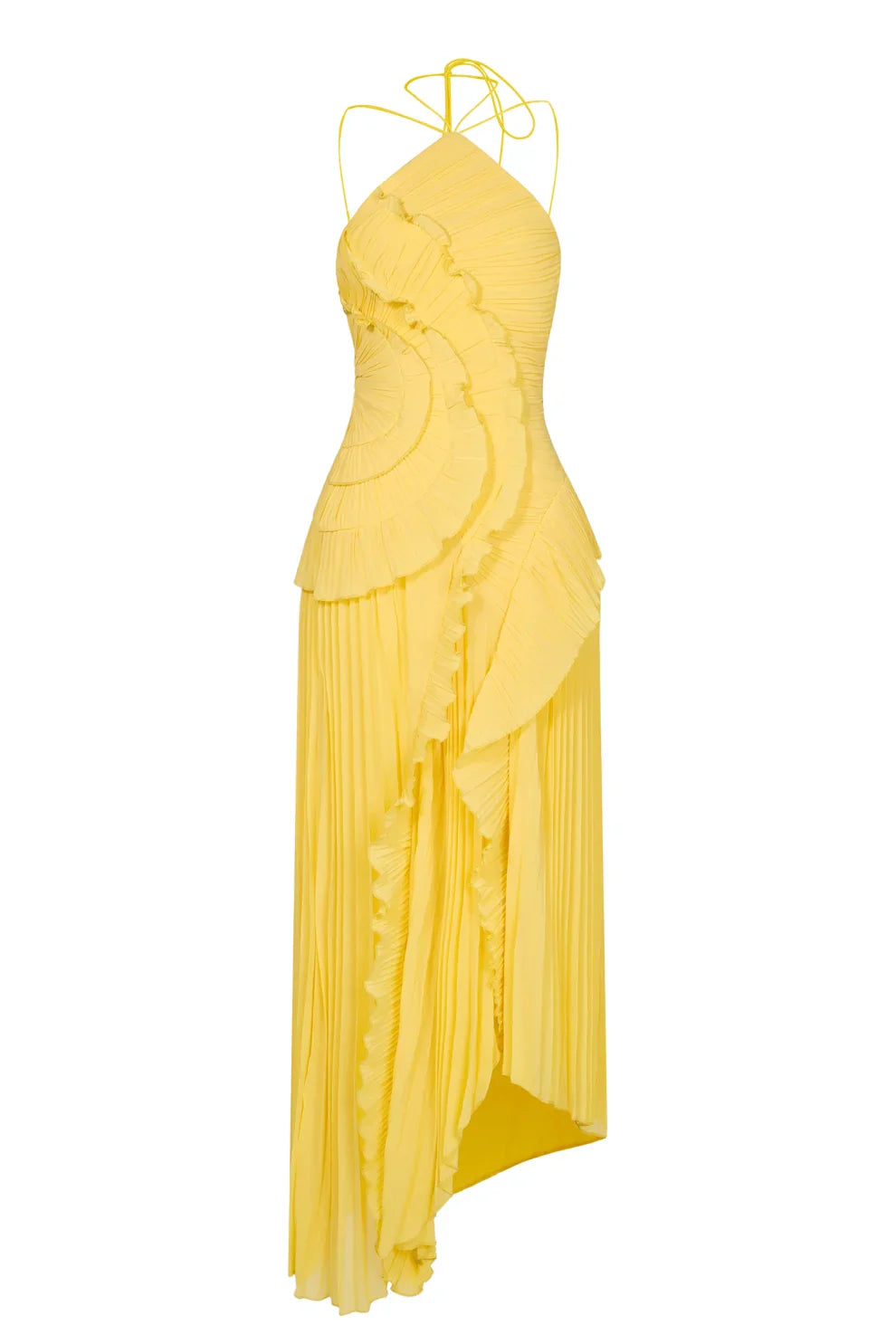 Robe mi-longue plissée à col halter et volant