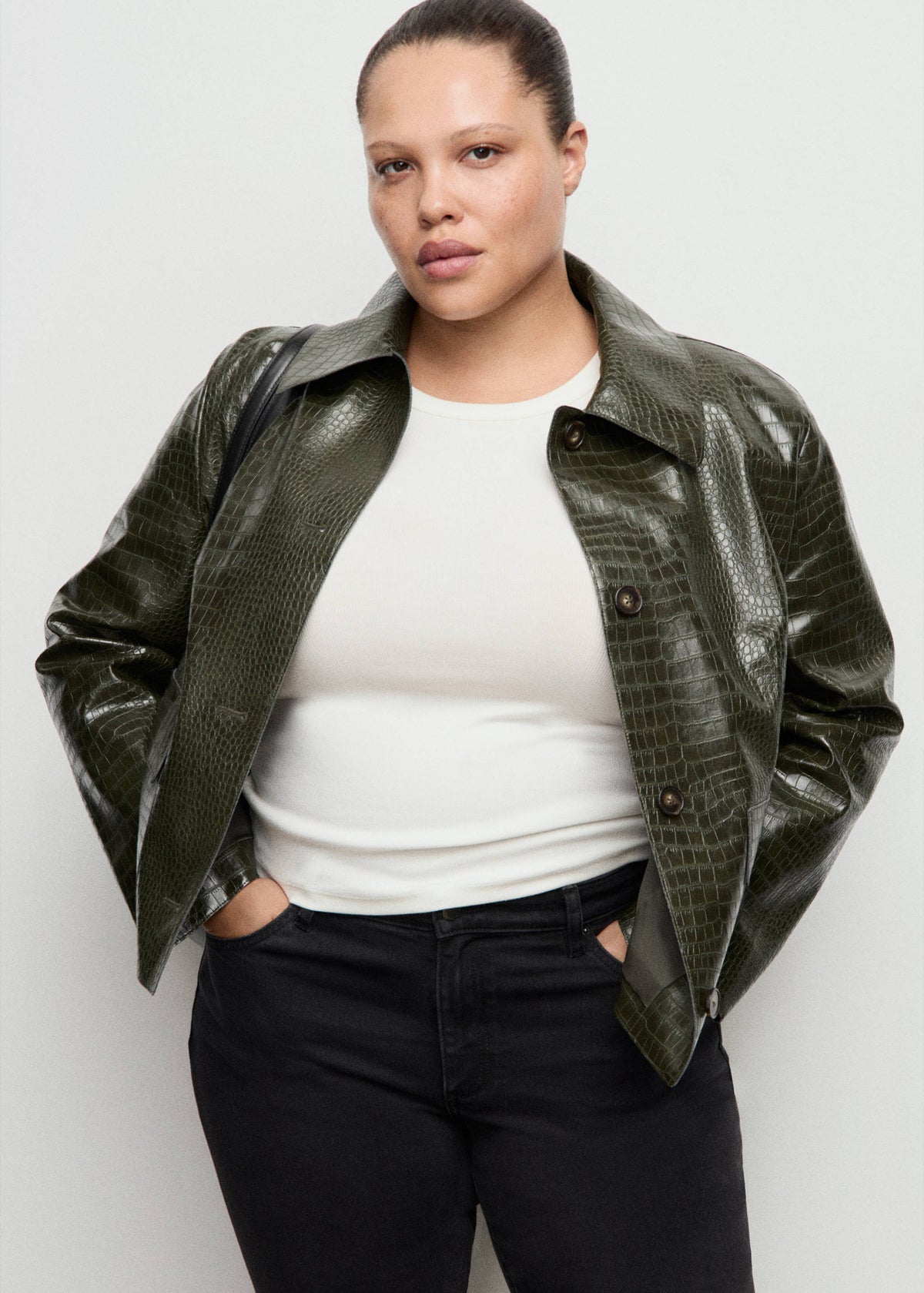 Croc-Effect Faux Leather Jacket - Khaki