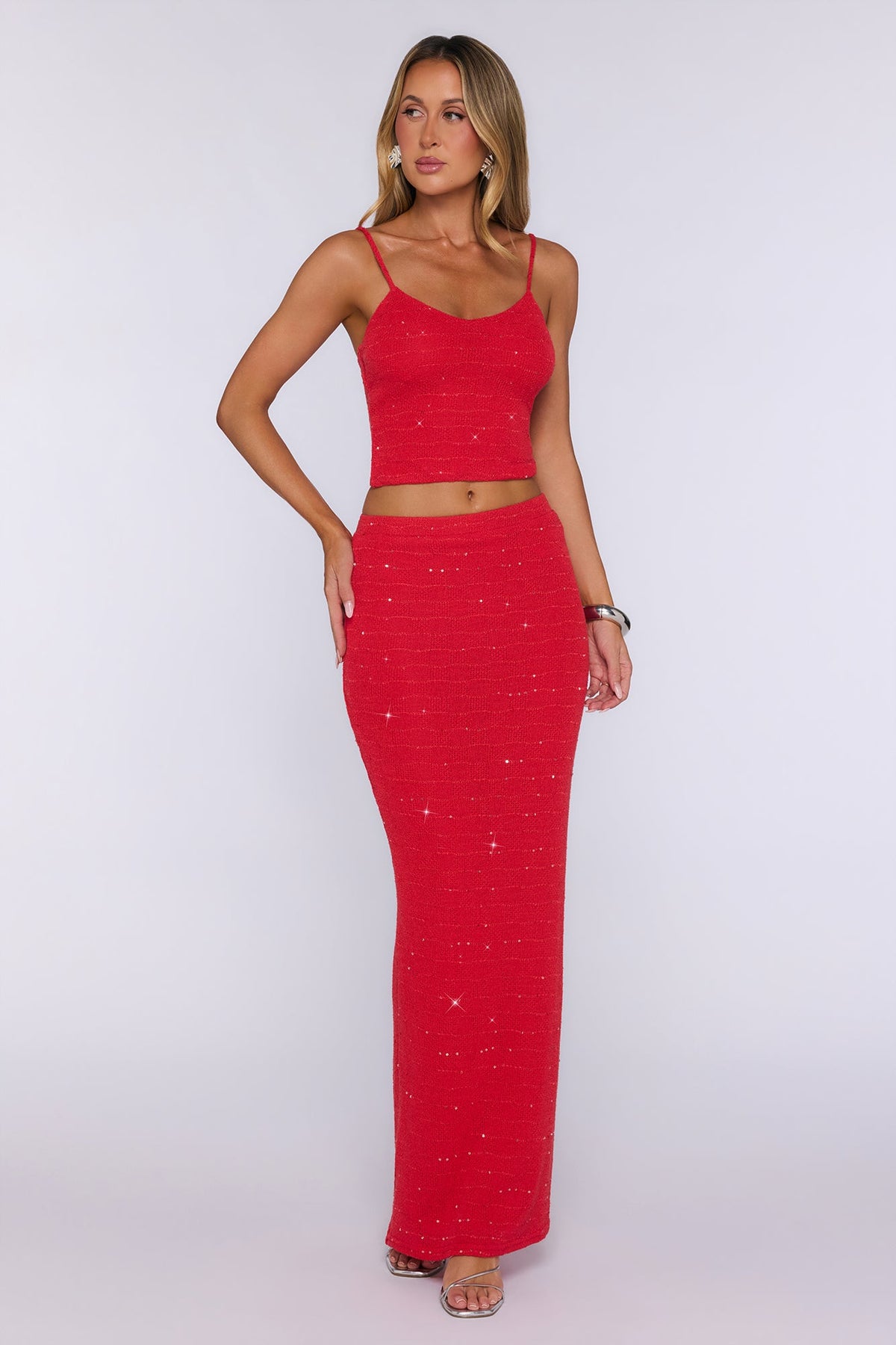 Raised Glasses Sequin Knit Crop Top - Rosso