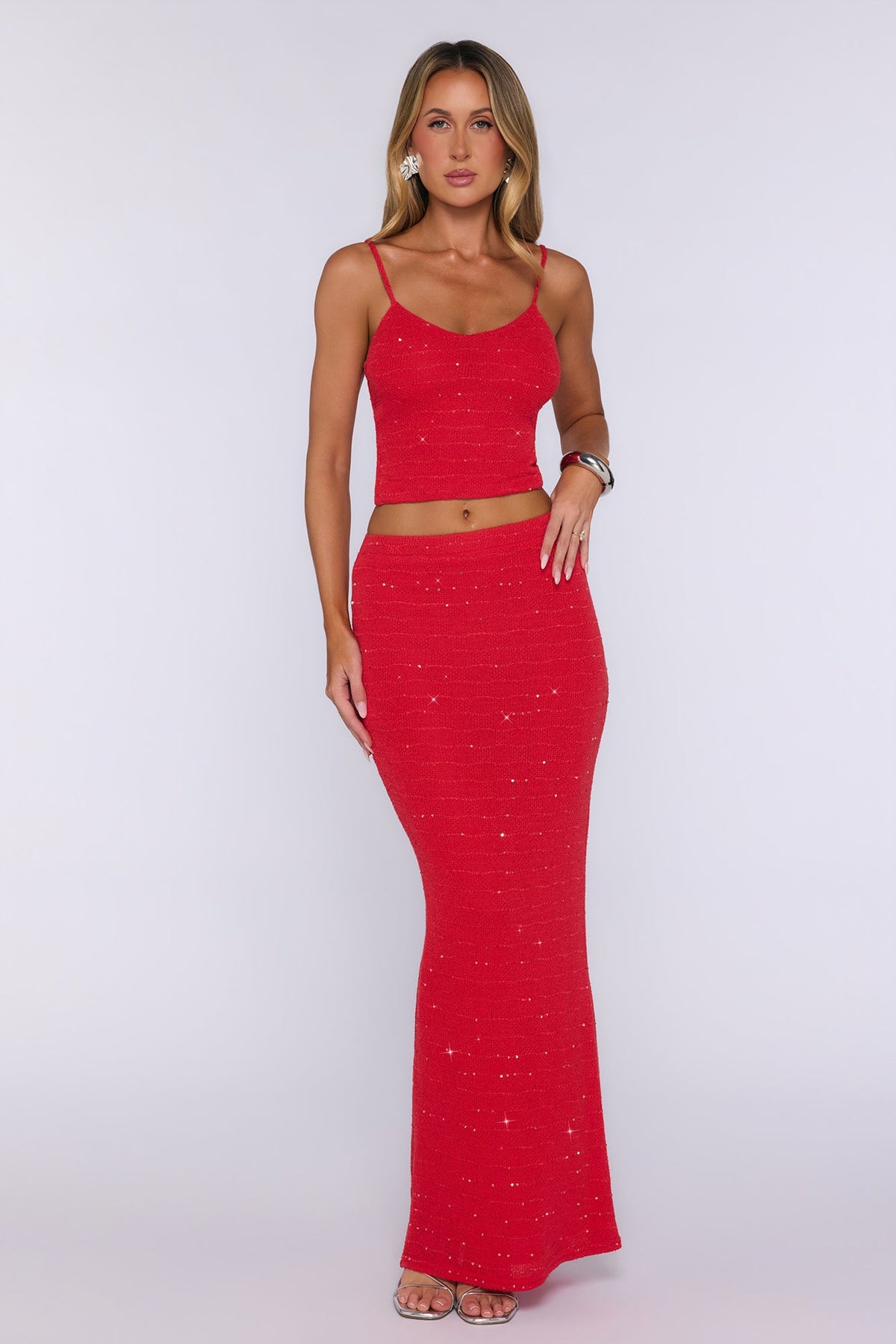 Raised Glasses Sequin Knit Maxi Skirt - Rosso