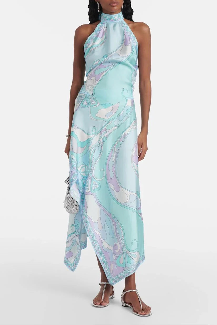 Ensemble top court licou en satin et jupe midi taille mi-haute à imprimé foulard