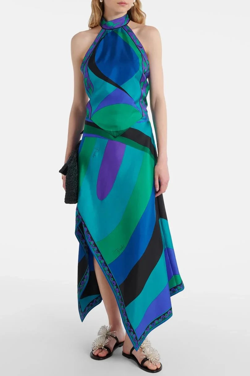 Ensemble top court licou en satin et jupe midi taille mi-haute à imprimé foulard