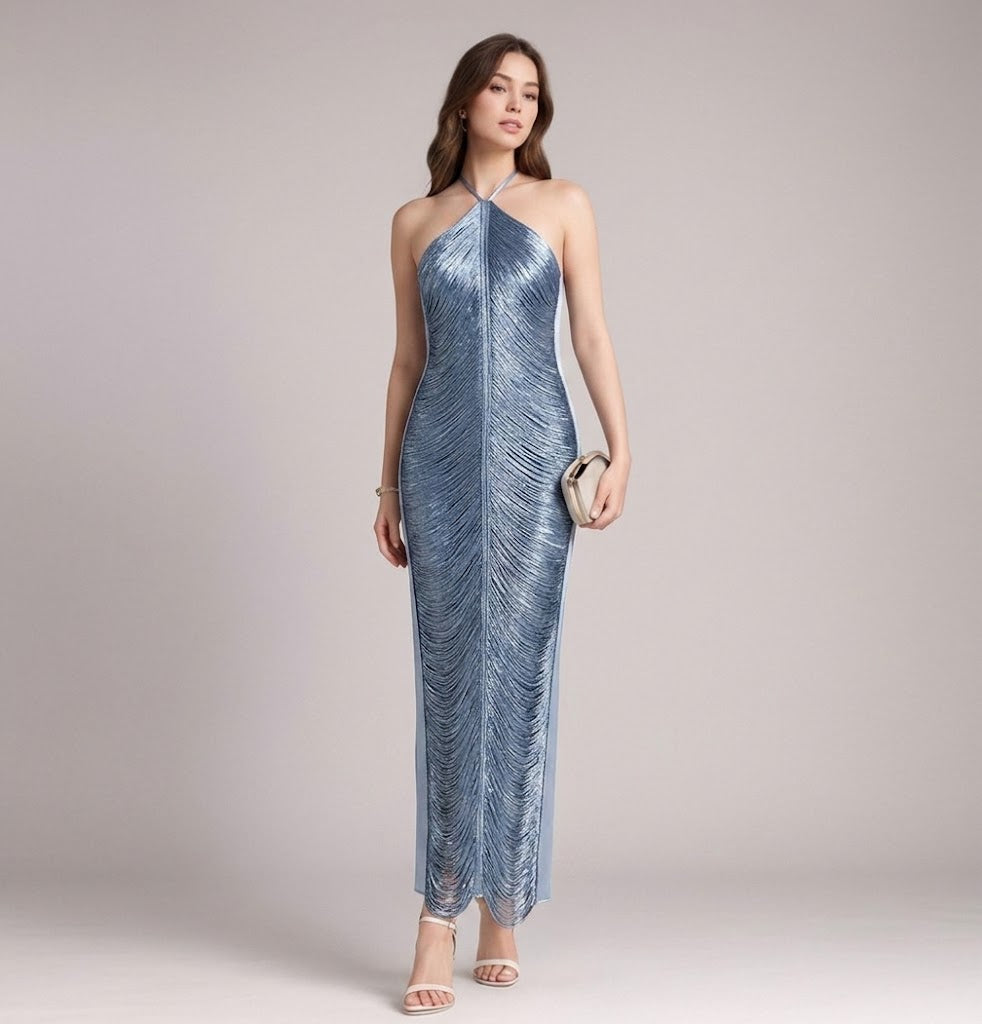 Robe longue Seraphina drapée à franges